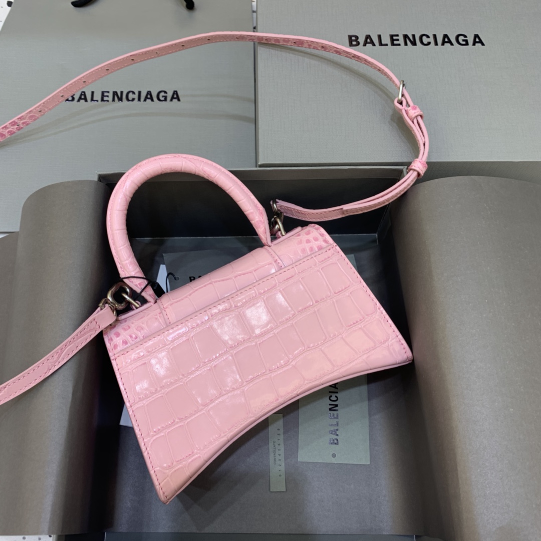 Balenciaga Hourglass XS Handbag Crocodile Embossed Shoulder Bag Light Pink